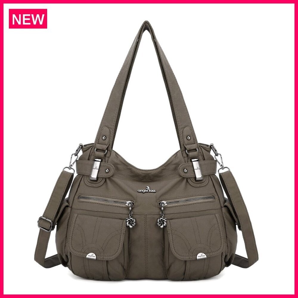 Large Washed Leather Tote with Double Zipper Multi Pocket Shoulder Bag